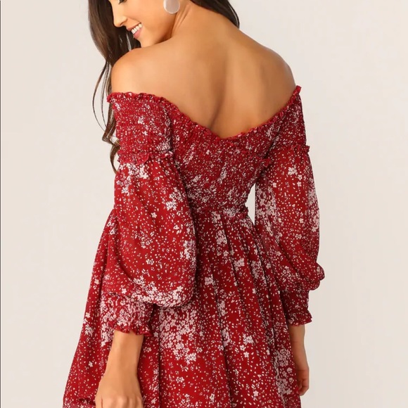 Floral Shirred Bodice Off Shoulder Dress - Picture 3 of 5